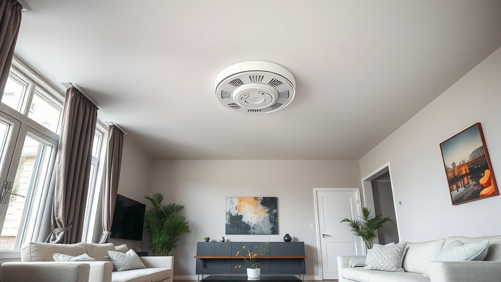 Rauchmelder in einem schlichten Schlafzimmer über freier Deckenfläche, weit weg von Lampen und Wänden