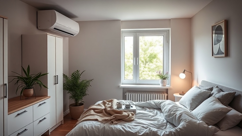 Außengerät einer Klimaanlage auf einem Balkon mit Vibrationsdämpfern und ordentlicher Leitungsführung