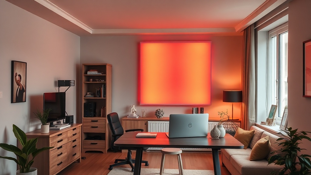 Kleines Badezimmer mit schlankem Infrarot-Heizpaneel an der Wand in neutralen hellen Farbtönen