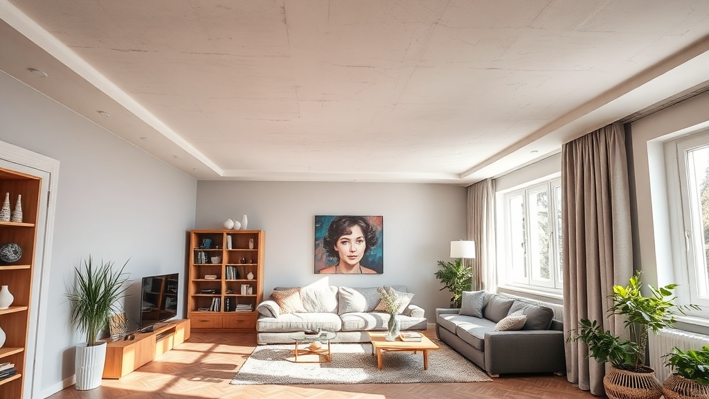 Wohnzimmer mit glatter abgehängter Decke und dezenter LED Beleuchtung